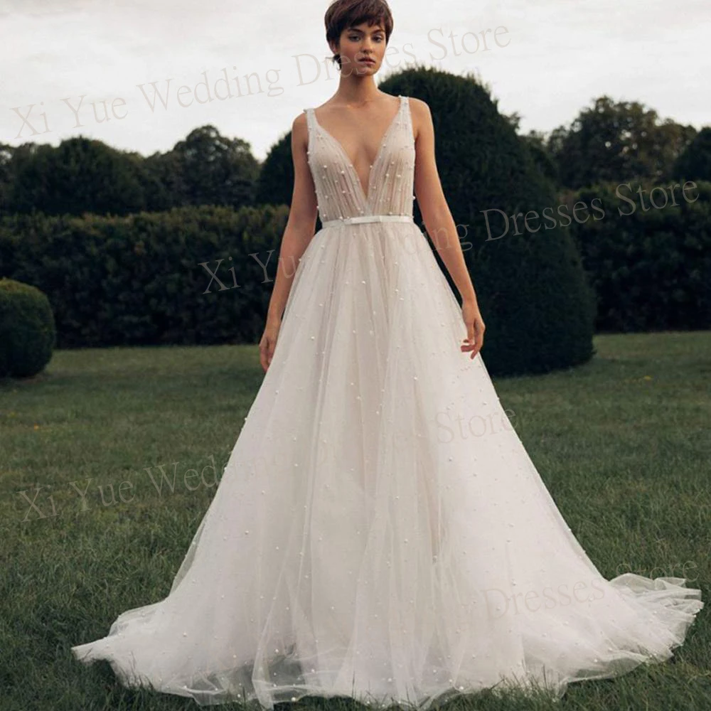 Sexy Exquisite Deep V Neck Wedding Dresses New A-Line Open Back Sleeveless Pearls Tulle Bride Gowns Custom Made Robe De Mariée