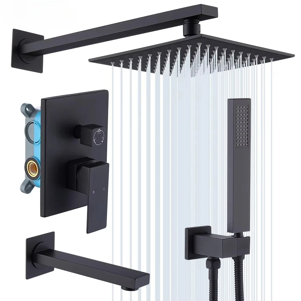 

China Black Showerhead Set Concealed Rain Rainfall Bathroom Complete Wall Mounted Brass Water Tap Hot Bath Shower Faucet System