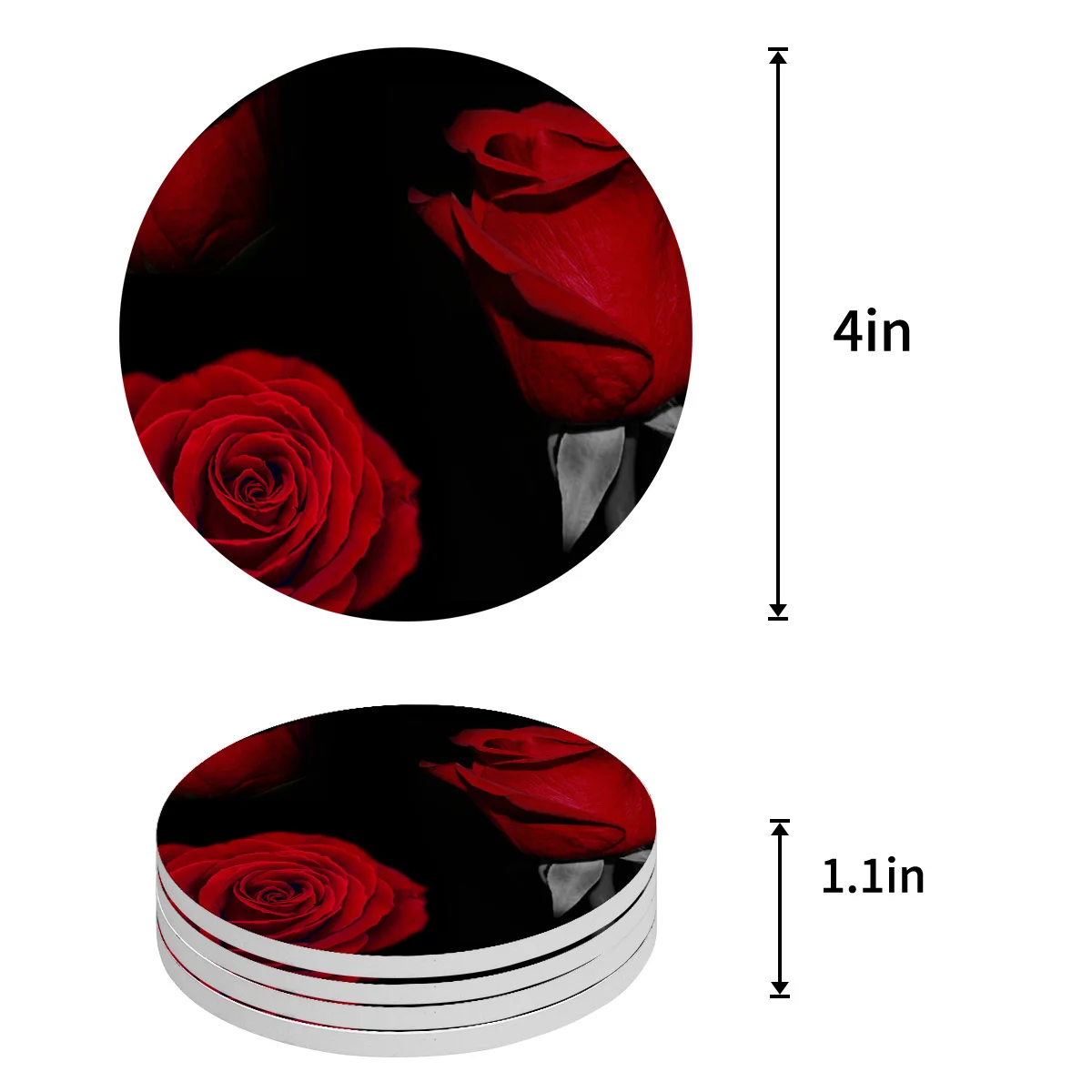 Red Rose Flower Black Round Coaster Coffee Table Mats Kitchen Accessories Absorbent Ceramic Coasters