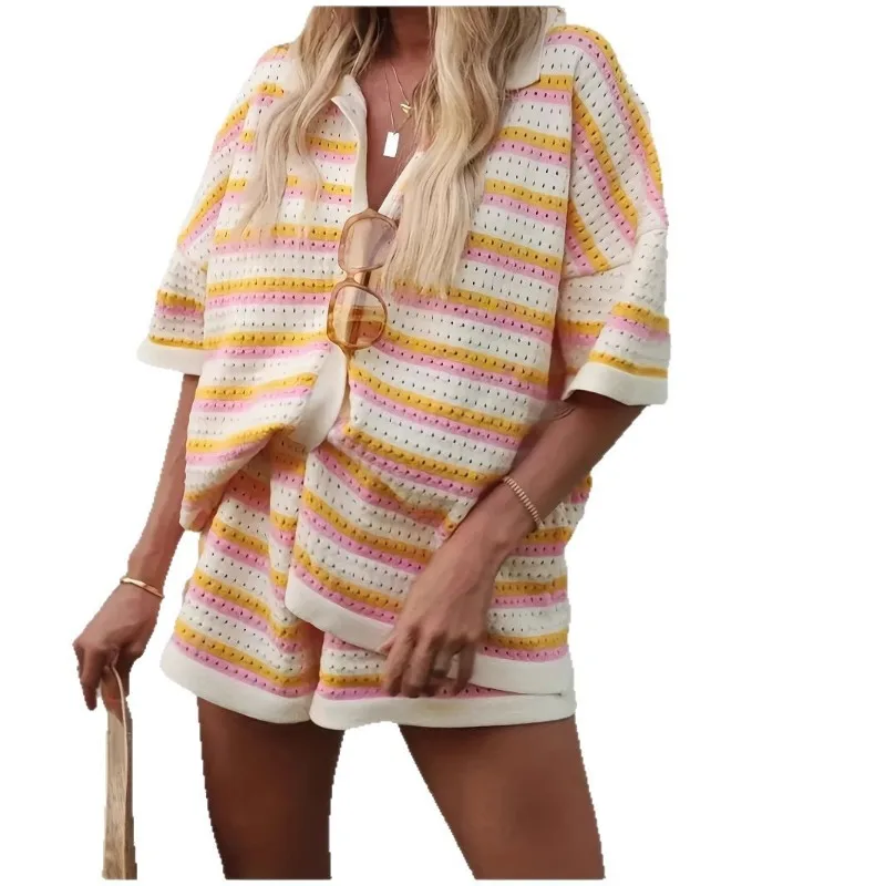 2025 Summer Knitted Striped Colorblock Casual 2 Piece Set Women Short Sleeve Single Breasted Cardigan Loose Shorts Street Outfit