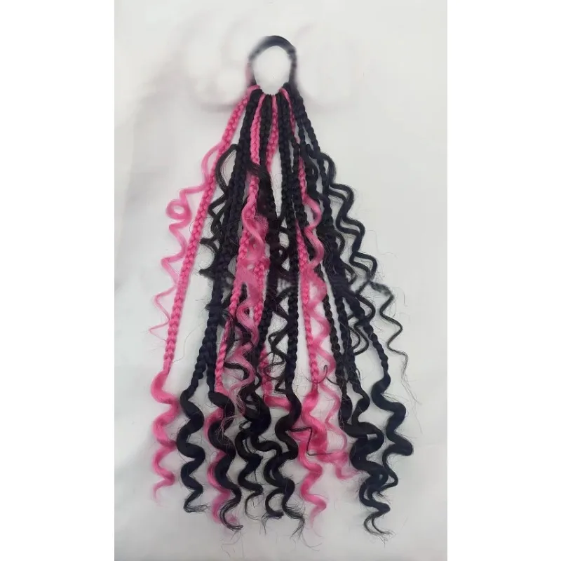 New arrival kids knotless braids with butterfly clips and furry hair ball highlight purple color 14inch box braids curly ends