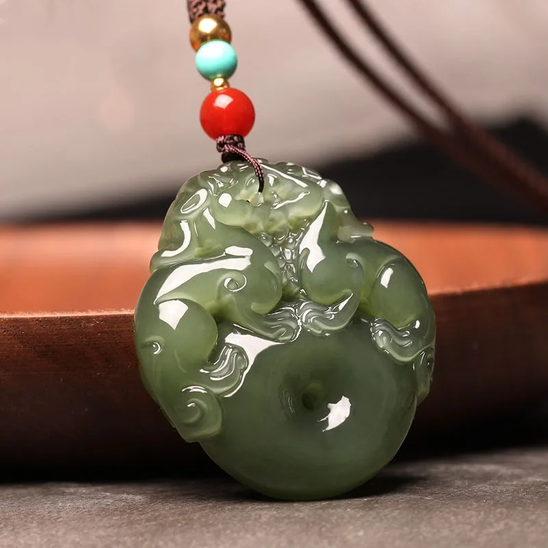 Hetian Green Double Men Women, Amulet Wealth And Good Fortune, Pixiu Talisman Jade Pendant
