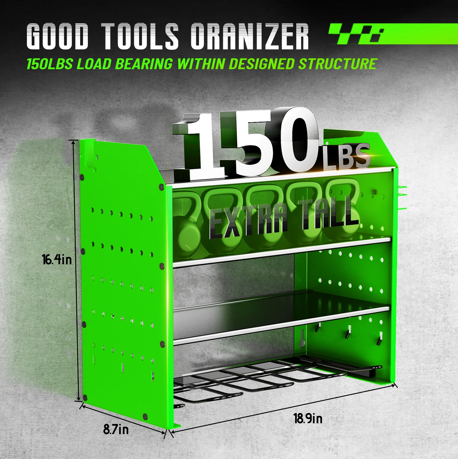 Heavy Duty Power Tool Wall Mounted Organizer Battery Tool Rack with Pegboard Side Racks and Hooks