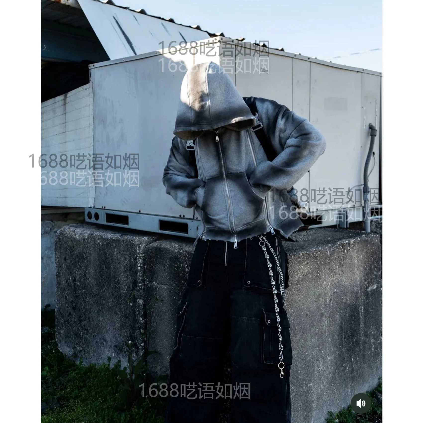 New Vintage Washed Grey Cropped Hooded Jacket Distressed Raw Hem Multi Zipper Zip Up Hoodie Y2K Gothic Streetwear Sweatshirt