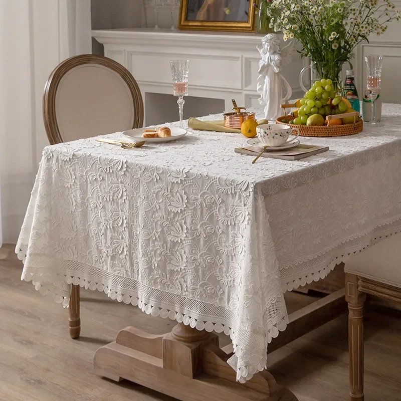 White Lace Tablecloth Rectangular Tablecloths Oblong Table Covers embroider Christmas for Kitchen Wedding Party Decoration