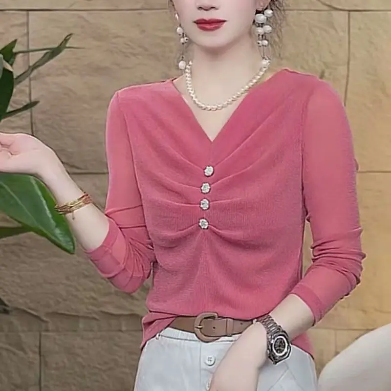 

Faionable Long Sve Pleated T-irt Women's Slim Fit Base irt Weight Loss Trendy Pure Color V-Ne Top Casual Sle