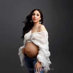 White Chiffon Maternity Photo Shoot Short Dresses Flare Sleeve See Through Pregnancy Photography Flying Dresses