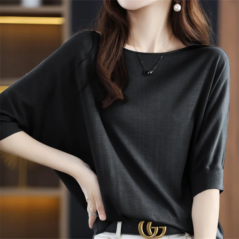 2024 New Summer Sweet Beads Ice Silk Short-sleeved Sweater Women's T-shirt Loose-fitting O-Neck Thin Knitwear Top Woman Tee L171