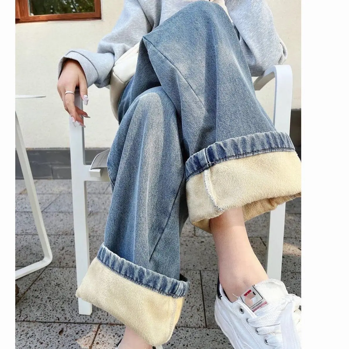 

2025 плюшевые толстые широкие женские джинсы, осень/зима, новая коллекция, однотонные свободные и тонкие повседневные широкие брюки