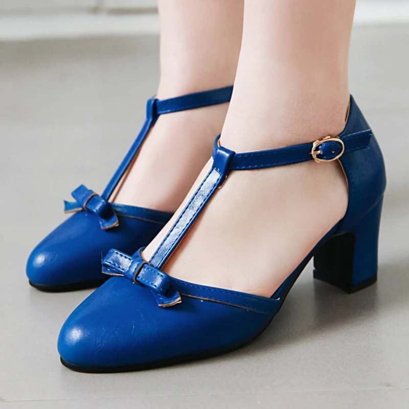 Zapatos de tacón bajo con agradable arco para mujer, zapatos de verano con correa en T, azul, negro, tacón corto, zapatos de fiesta para boda y oficina, talla grande 45