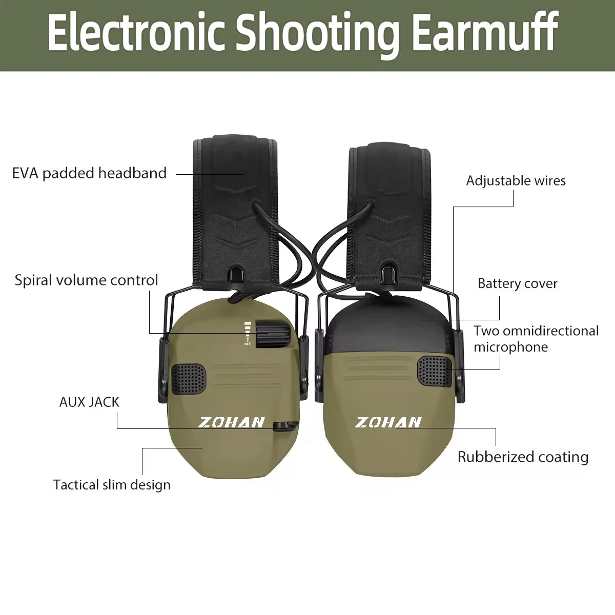 ZOHAN Shooting Earmuff Electronic Hearing Protection Tactical Headphone anti-noise Ear Defender Safety Muffs with Headband Cover