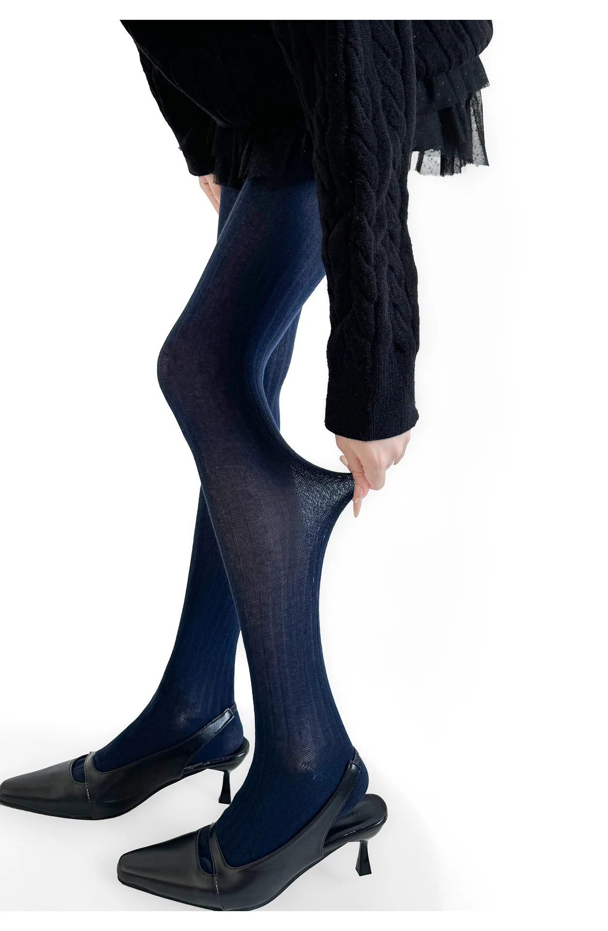 40-52kg Damen Baumwoll-Strumpfhose 2025 Herbst Strumpfhosen Haferfarben Breiter Streifen Marineblau Vertikales Muster Transparente Leggings Mikro – Detail 4