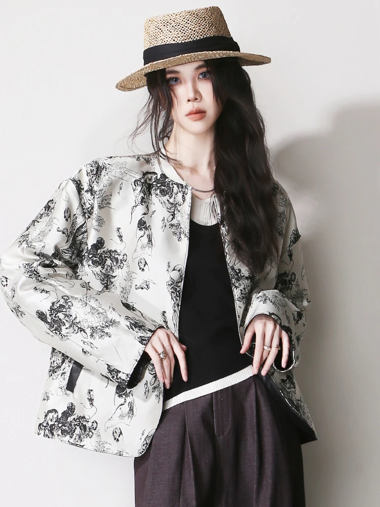 

Ele Double-Sided Wear Faux Leather High Waist round Ne Vintage Print Slimming Women's Jaet Faionable Outerwear