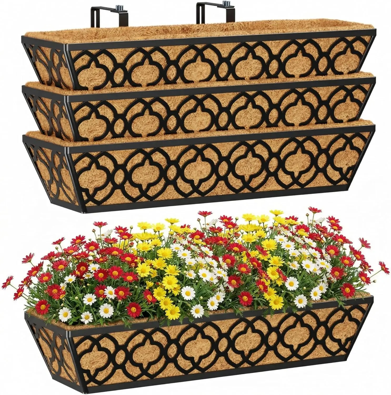 

24-Inch Deck Railing Planter Boxes with Coir Liner, 4-Pack Outdoor Window Boxes for Hanging Flowers and Plants