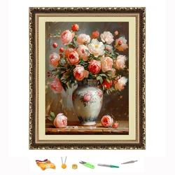 Cross Stitch Embroidery French Style Peony Flower Landscape Thread Drawing DIY Needlework Kit Decorate Printed on Canvas 11CT