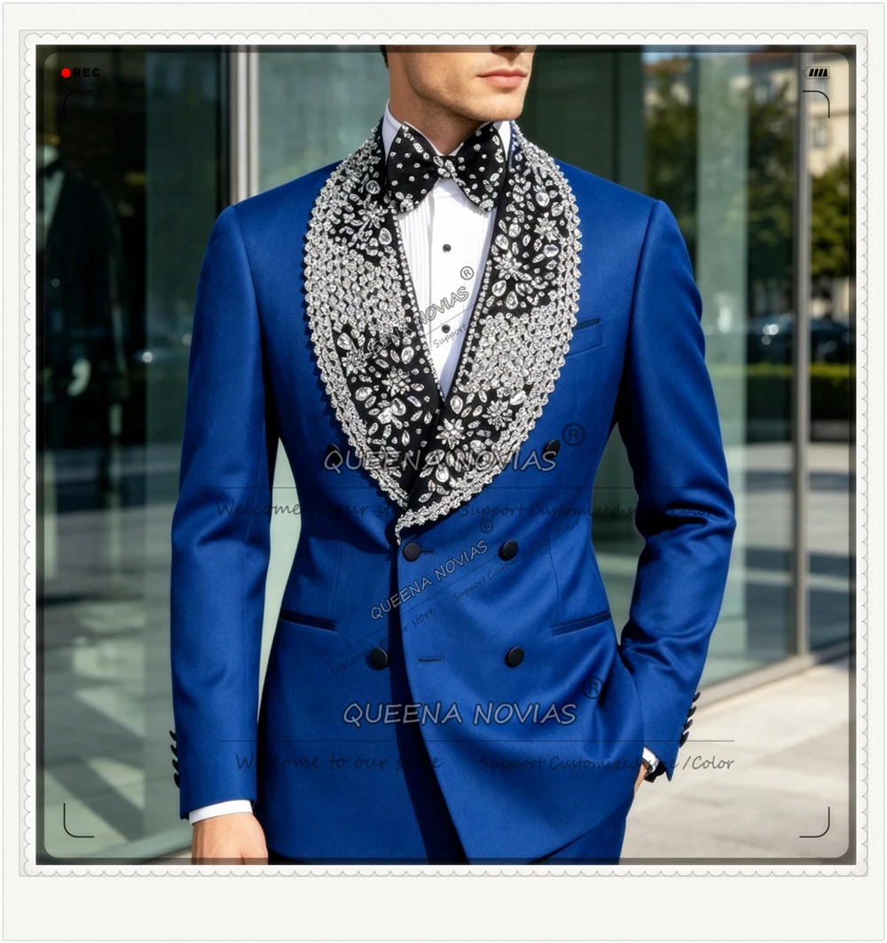 

Handsome Suit Man For Wedding Diamond Beaded Lable Prom Blazer Customized 2 Piece Sets Groom Tuxedos Attire Male Fashion Outfits