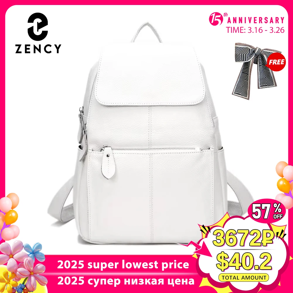 Zency Stylish Black White Genuine Leather Women Backpack A++ Quality Anti-theft Large Capacity Knapsack Travel Designer Rucksack