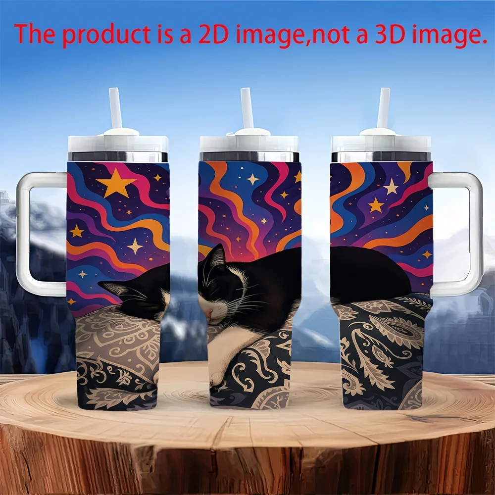 1pc Halloween 40Oz Insulated Tumbler with Handle And Straw, Cute Sleeping Tuxedo Cat Starry Swirl Pattern Water Cup for Home Office Car Travel Outdoor Camping Daily Drinking Use view 6