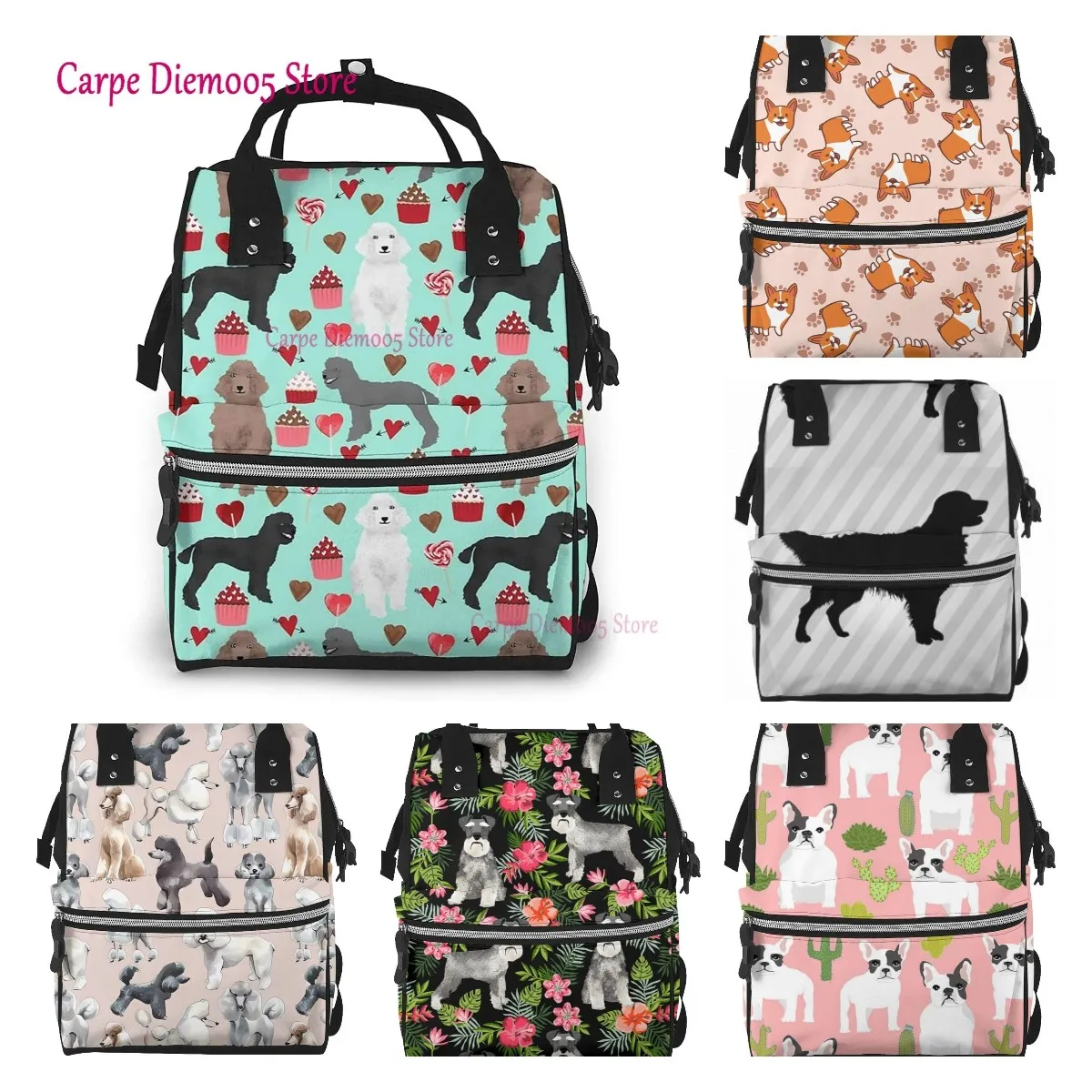 Poodles Dogs Printed Mummy Backpack Diaper Bag Multi-Function Maternity Nappy Bags, Kid Bag with Laptop Pocket,Stroller Straps