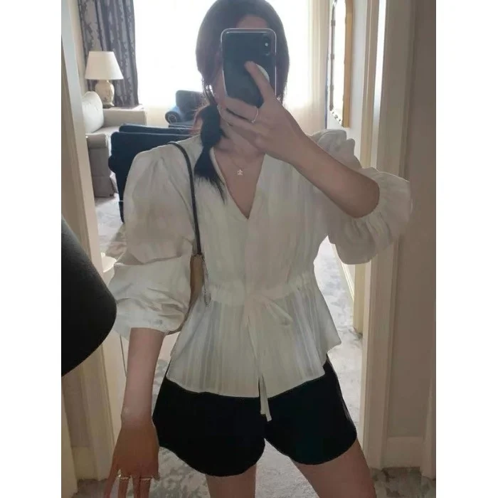 

Весна 2026: Шикарный корейский женский топ с рюшами на талии, эффектом утягивания, пышными рукавами и высокой талией, универсальный, удлиненный