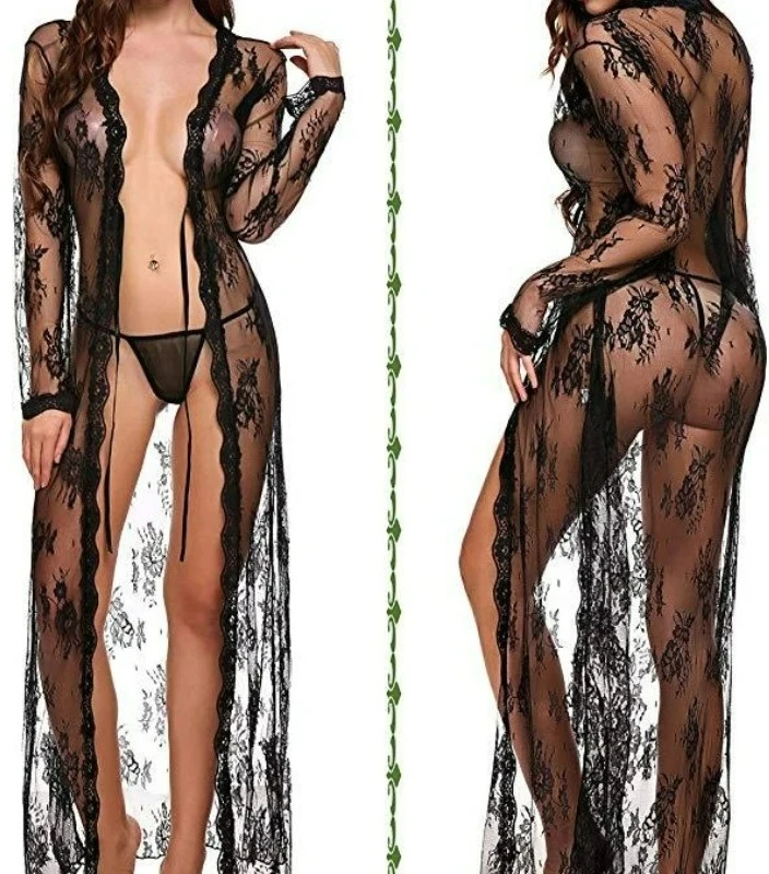 

Sexy Lace Mesh Transparent Sexy Robe Nightgown Women's See-Through Lace Printing Deep V-Neck Home Ultrathin Nightgown