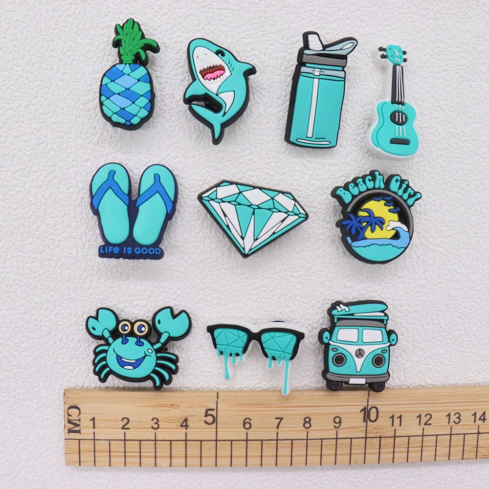 Mix 50pcs PVC Shoe Charms Pineapple Guitar Crab Beach Girl Cup Car Glasses Diamond Sandals Shoes Decoration Kids Party Xmas Gift