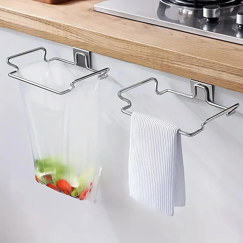 Stainless Steel Trash Bag Holder Hook Under Cabinet Garbage Bag Rack Kitchen Storage Support Bracket