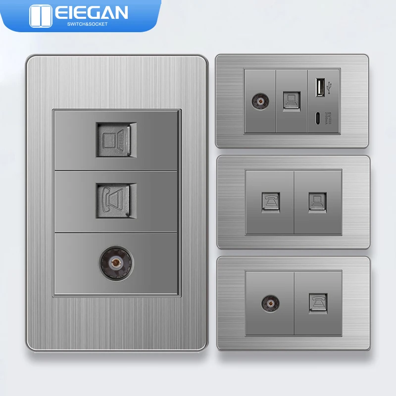 

ELEGAN Stainless Panel Grey Brazil Standard Series Combination Wall Socket Switch Universal Computer TEL TV Socket 118mm*74mm