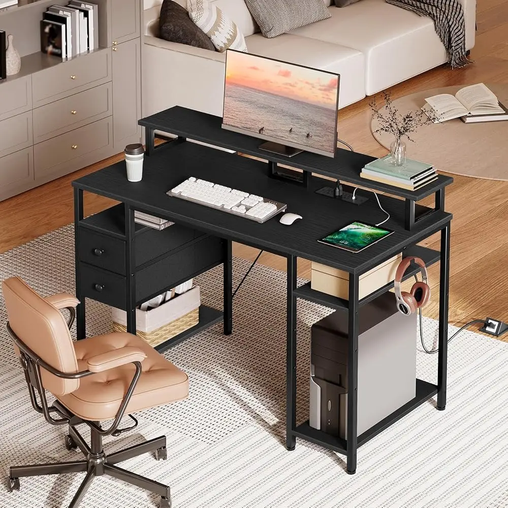 47 H Gaming Desk With Led Lights & Power Outlets, Computer Desk With Monitor Stand And Drawers, Gaming Table With Storage