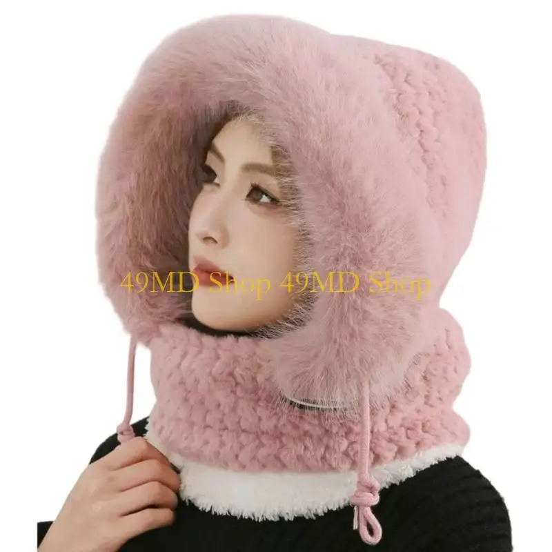 49MD Thermal Fleece Lined Pullover Hat with Face Cover Women Windproof Balaclava Hat