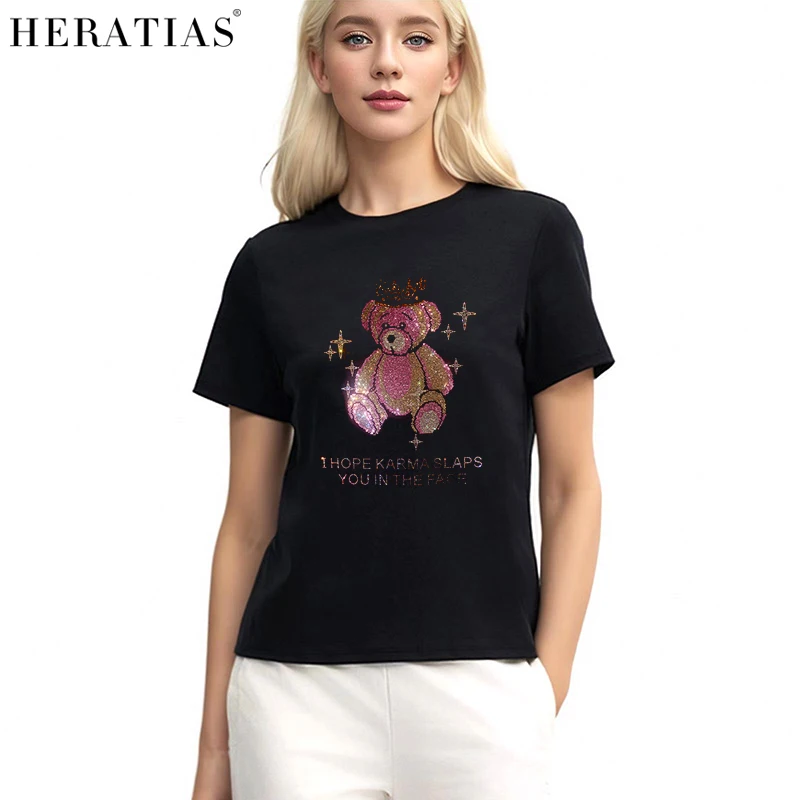 Hot sale high quality ladies summer casual cotton round neck T-shirt shiny diamond T-shirt rhinestone bear series