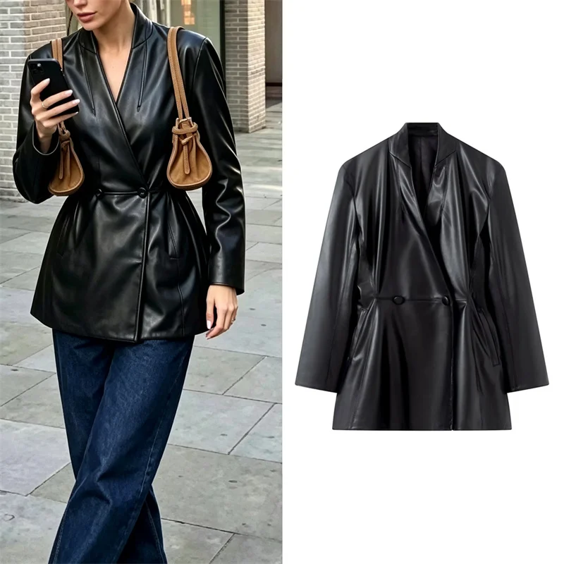 Guobioziy Women's Jacket 2026 Early Autumn New Fashion Collarless Long Sleeve Double-Breasted Slim Blazer