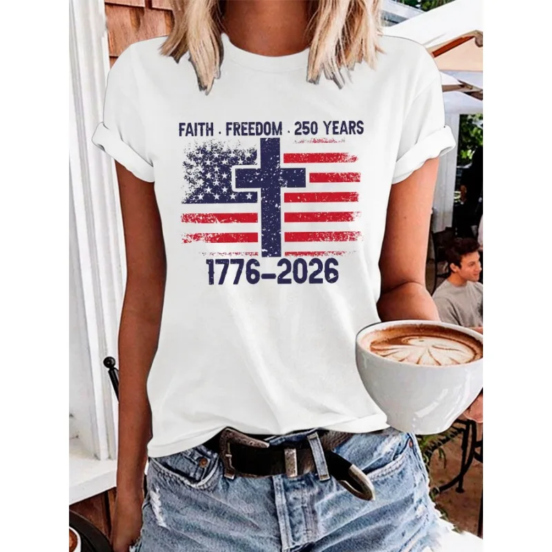250 Years of Freedom 1776 Festival  Women's  Print T-Shirts Summer O Neck Tops Short Sleeve Casual Tees  Us Flag