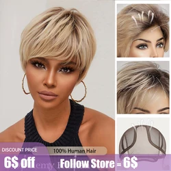 Lace Front Human Hair Wigs Short Pixie Cut Wigs with Bang Brown Layered Straight Bob Wig for Black Afro Women HD Transprent Lace