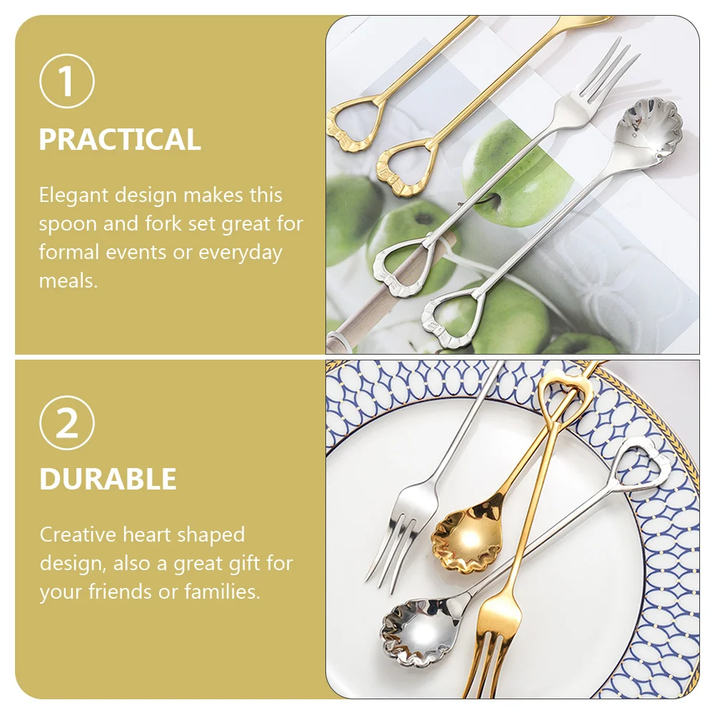 

Fork Spoon Set Stainless Steel Kitchen Cutlery Tableware Silver Fruit Utensils Dinnerware Elegant Heart Shaped