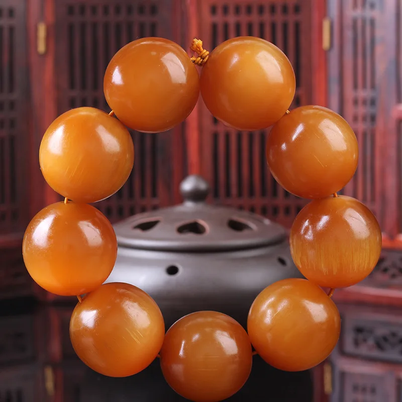 Tibetan-style natural gold-colored extra-large yak horn round beads 35mm Buddhist bead bracelet, men's collectible item
