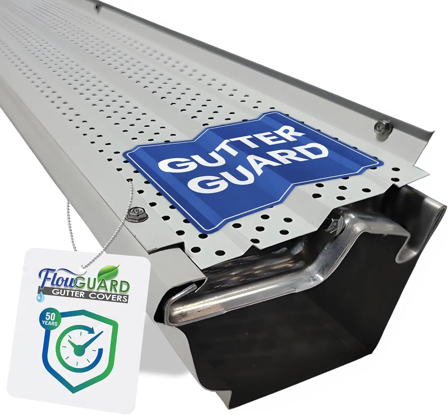 Gutter Cover System, Flow Guard, High Clearance, Branco, Alumínio, Premium 50 Anos, 5 Polegada, 1020 Pés, 50 Anos