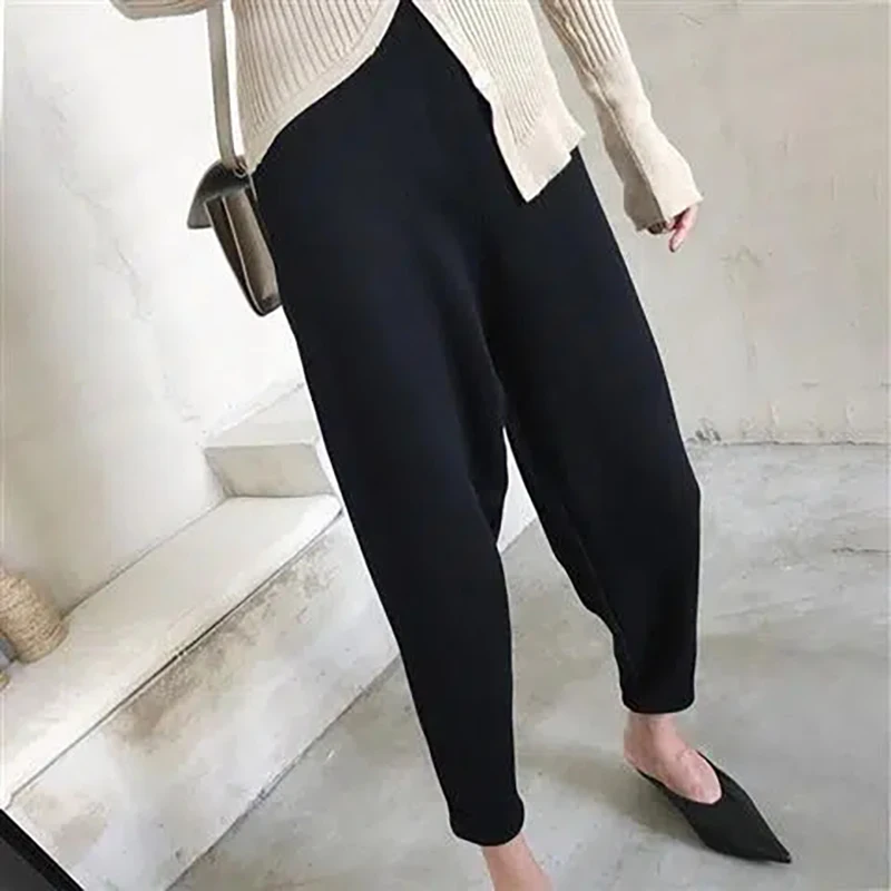 Autumn Winter High Waist Knitted Women Pants Solid Color Loose Ankle-length Harem Pants Streetwear Fashion Elastic Womens Pants