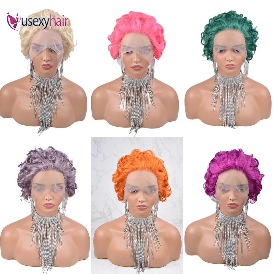 Grüne Pixie Cut Wasserwelle Perücke 13x1 malaysische kurze lockige Spitze Front Perücke für Frauen Remy Haarfarbe voll transparente Spitze Perücke