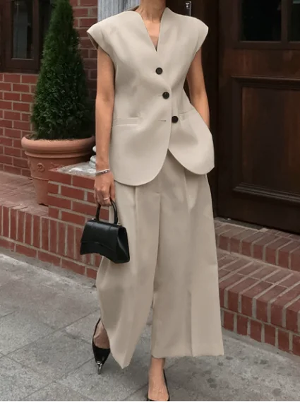 

Urban Two Piece Set for Woman Khaki V-Neck Sleeveless Suit Vest Top High Waisted Wide Leg Pants Set Women's Commuting Pants Set