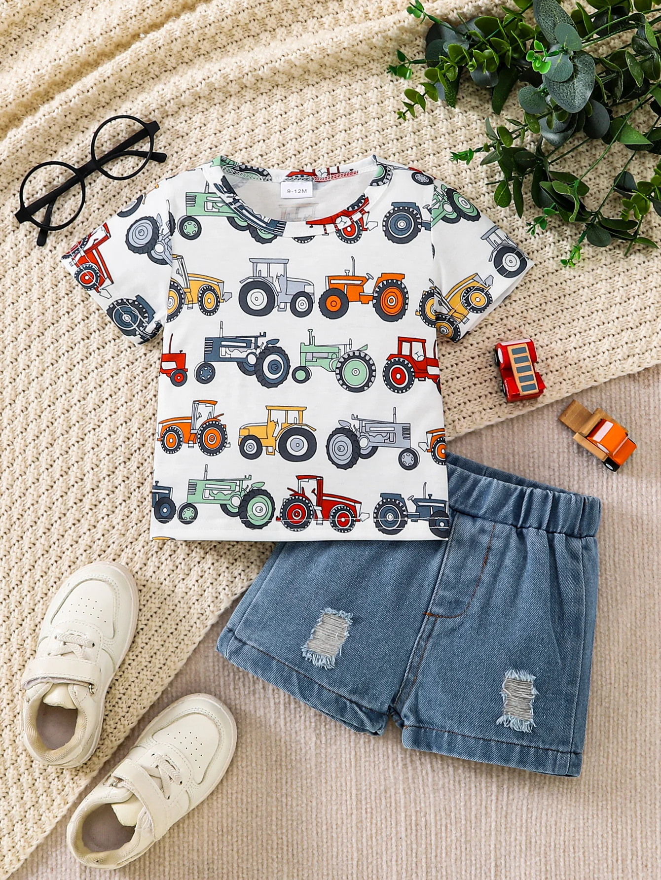 2026 Spring Summer Cute Baby Boy Vehicle Print Short Sleeve T-Shirt & Distressed Denim Shorts 2-Piece Set 0-4 Years: Soft Fabric
