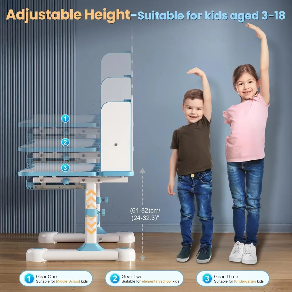 Zestaw biurka i krzesła dla dzieci - regulowane w wysokości ergonomiczne biurko do nauki z łatwą obracaną korbą, 50 °   Półka na biurko z możliwością nachylenia, szuflada do przechowywania