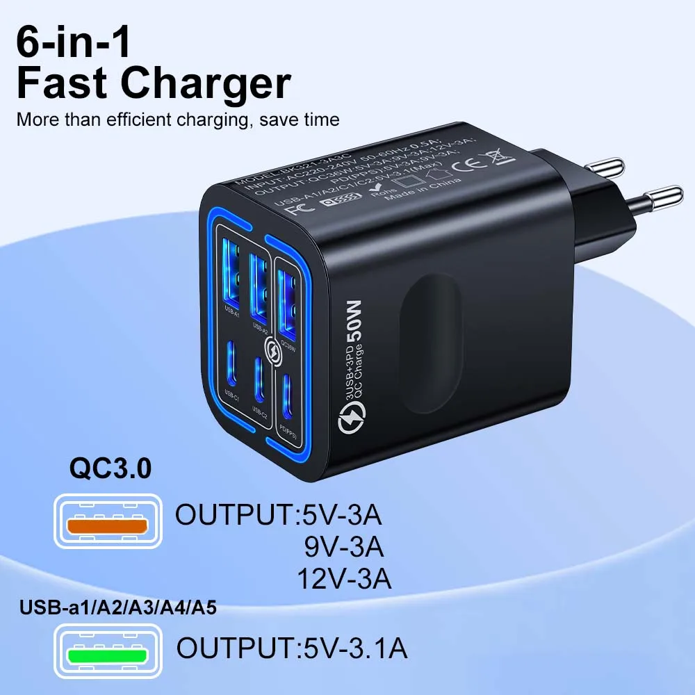 Insgesamt 100 W 6 Ports USB Ladegerät Schnellladung für iPhone 14 Samsung Xiaomi Handy Adapter EU US UK Stecker – Detail 3