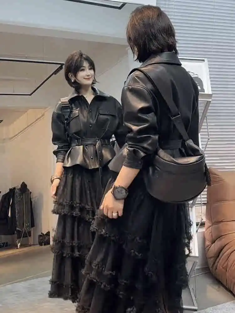 

Элегантная короткая куртка из искусственной кожи для женщин, приталенная, модная, весенняя новинка, омолаживающий эффект, с утяжкой на талии, верхняя одежда