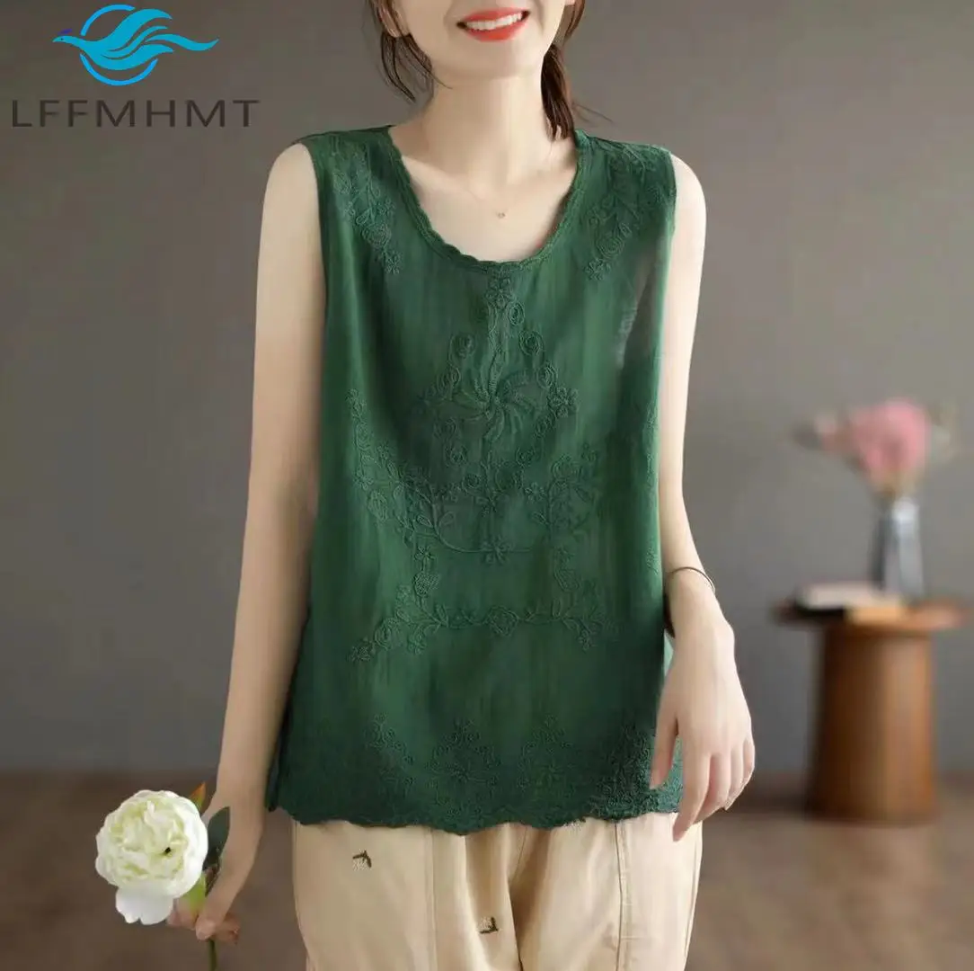 

Винтажный женский жилет с вышивкой, летний жилет хорошего качества с круглым вырезом без рукавов, однотонный простой базовый пуловер, топы на бретелях, женский жилет