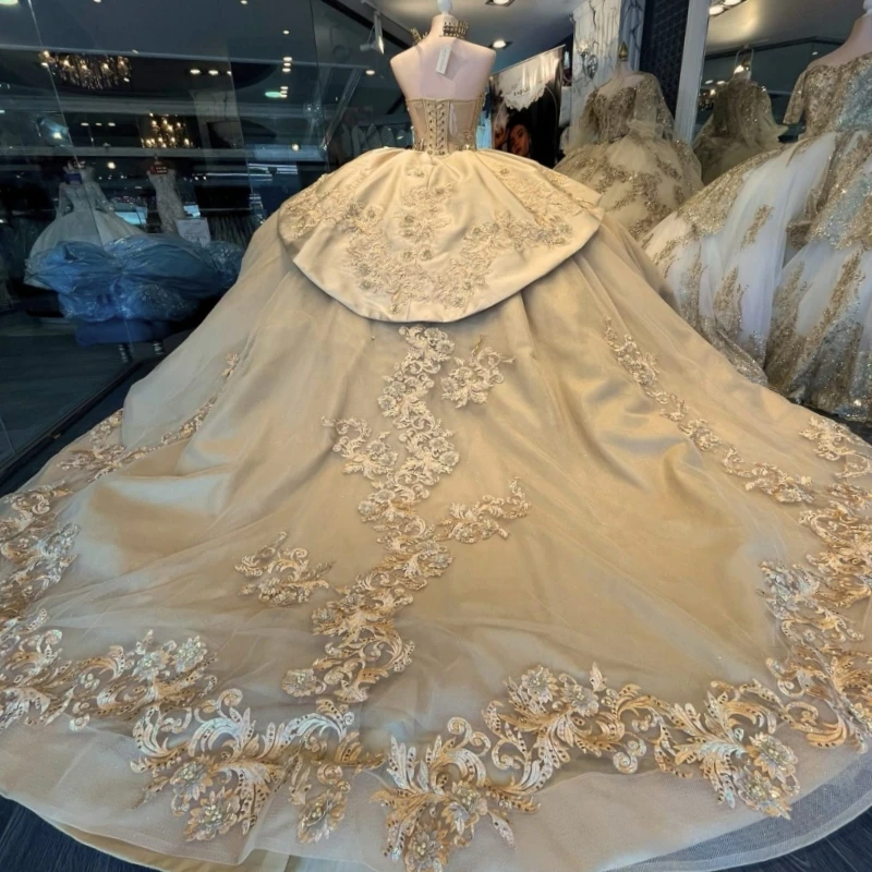 샴페인 샤이니 볼 가운 킨세아녜라 드레스 오프숄더 아플리케 레이스 비즈 튤 파티 생일 스위트 16 드레스 베스티도스