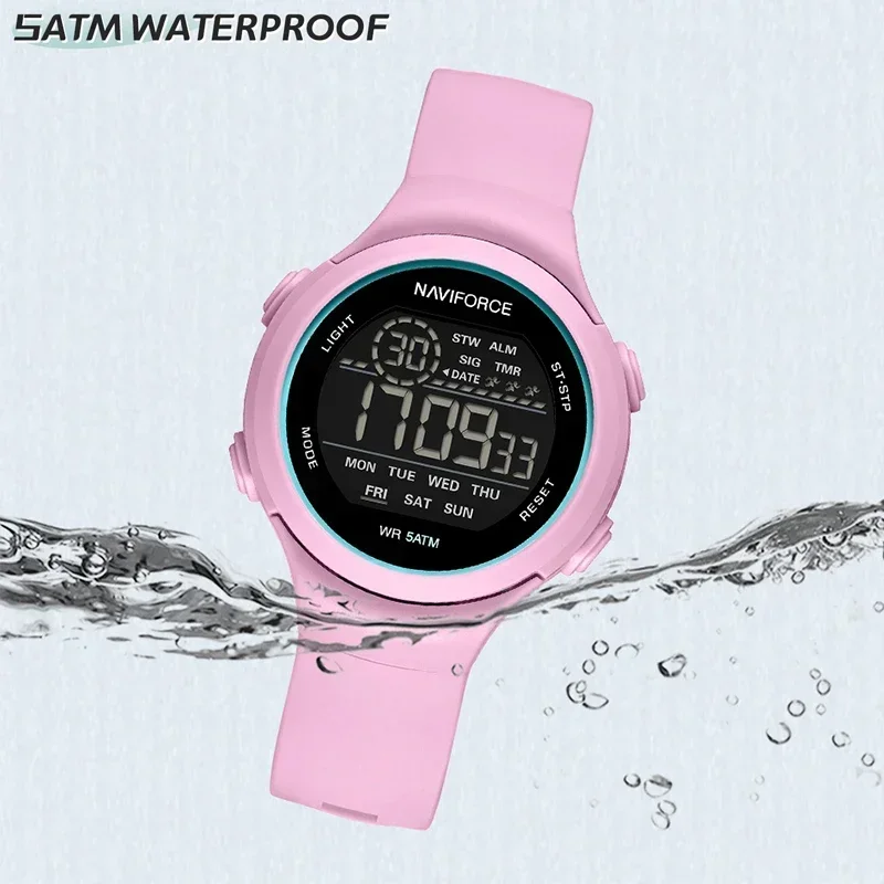NAVIFORCE NF7119 ساعة رياضية فاخرة للنساء حزام السيليكا LCD شاشة ديجيتال ساعات المعصم الإلكترونية