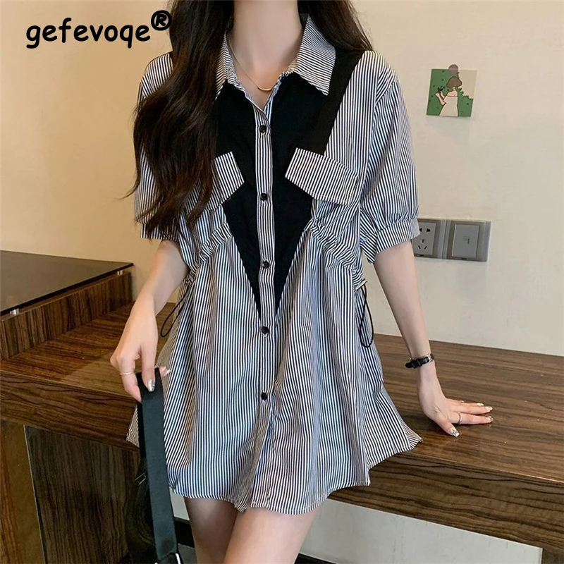 

Women's Striped Contrast Color Design Shirt Summer Korean Streetwear Oversized Blouse Pockets Short Sleeve Tunic Tops Y2K Blusas