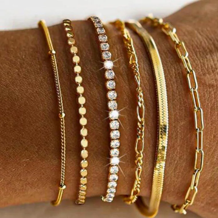 

Faionable Zircon Chain Bracelet Set 6 Pieces Cross-Border Ele Jewelry Alloy Embedded Artificial Gem ex New Sle