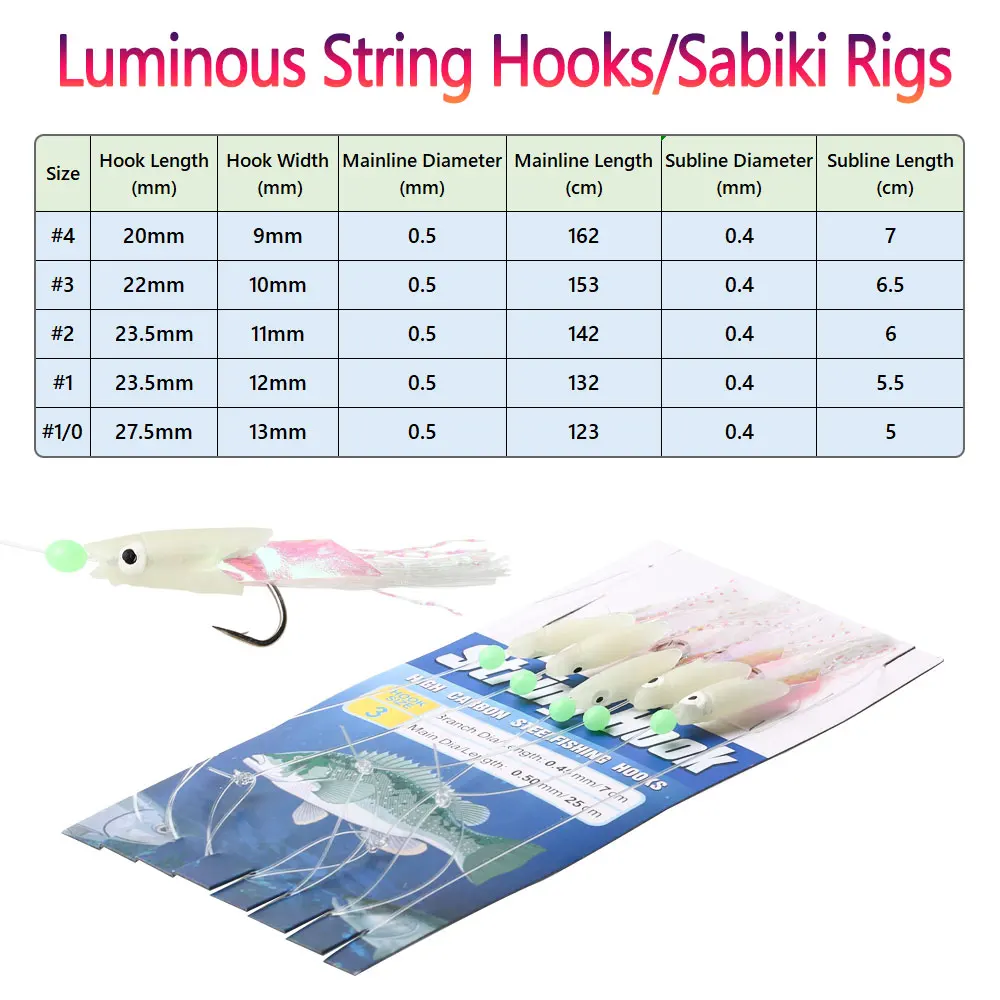 Bimoo 5packs Luminous String Hooks Sabiki Rigs Glow Fish Head Twisted Flashabou Tinsel Tail Freshwater Saltwater Fishing Lures